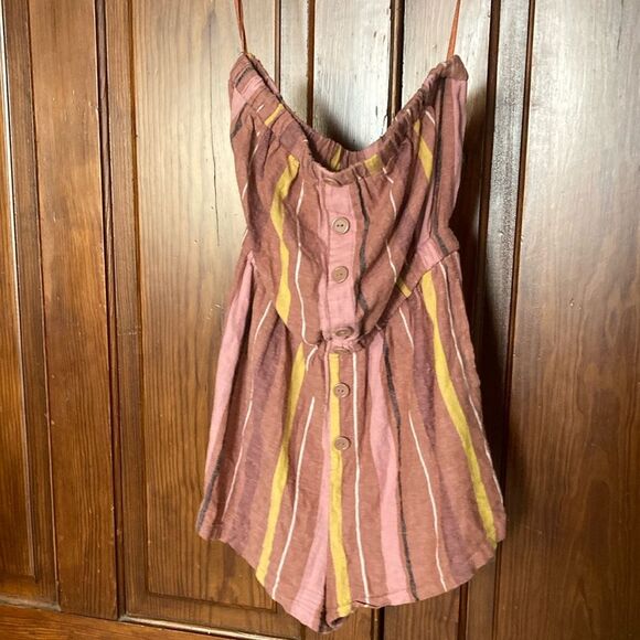 Urban Outfitters Stripe Strapless Romper Linen Blend Pink Brown Yellow Size S - Picture 1 of 7